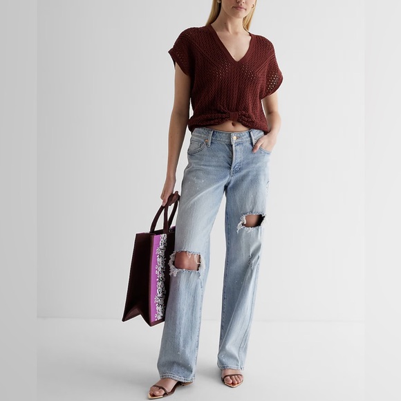 Express Low Rise Light Wash Ripped Baggy Relaxed Straight Jeans 8 8S 8 Short - Picture 4 of 15